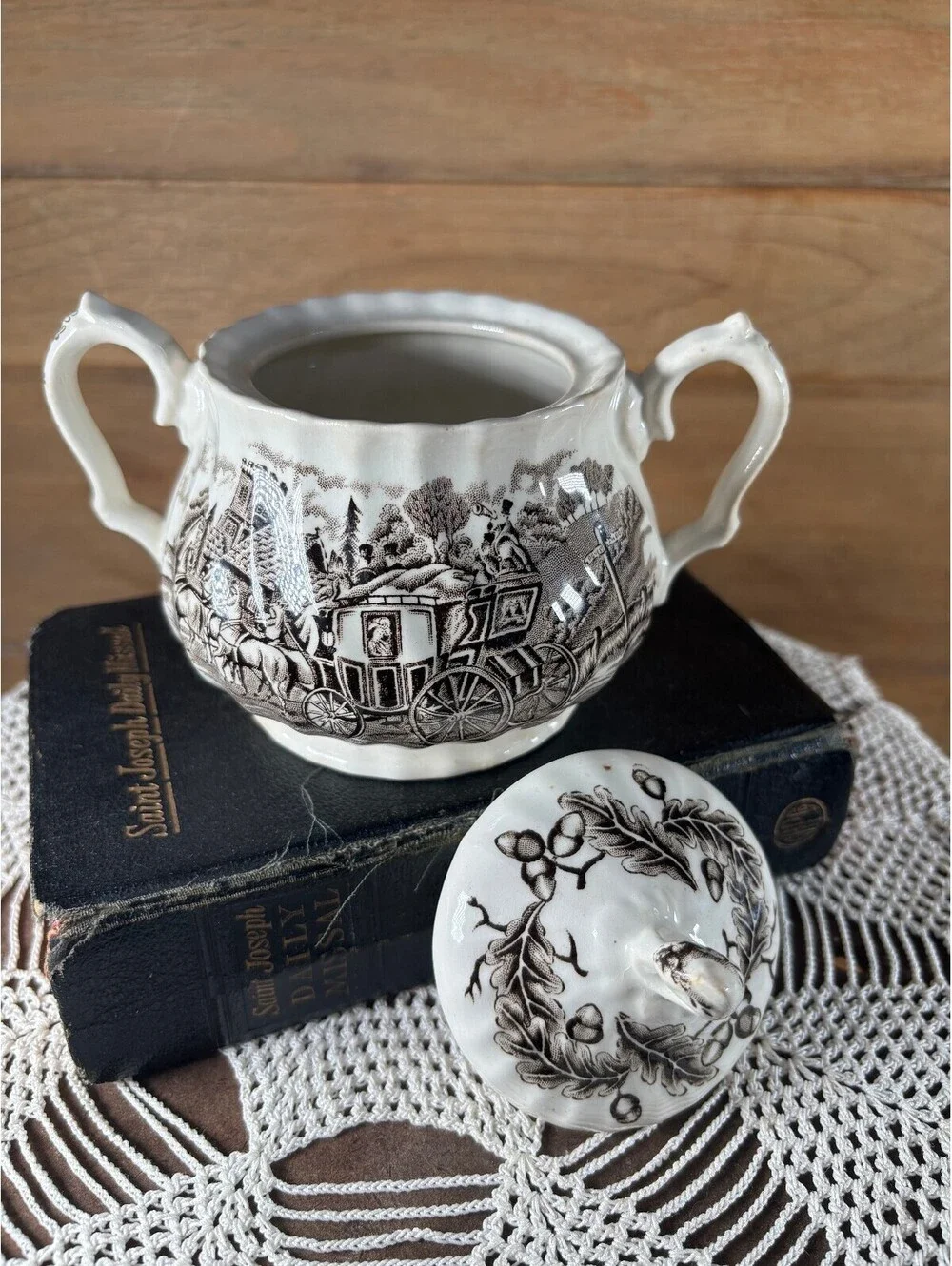 Vintage English Brown & White Transferware Sugar Bowl Pot Myott Staffordshire